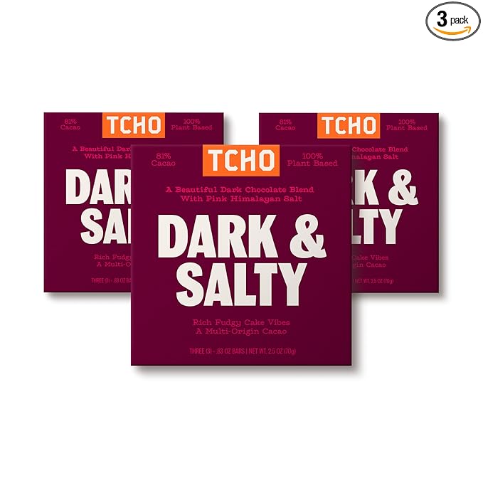 TCHO Dark & Salty 81% Dark Chocolate Bars (3 pack) - A Single Origin, Plant Based, Organic & Fair Trade Certified Chocolate - Non GMO, Non-Dairy, Vegan, Soy Free Dessert(2.5oz each)