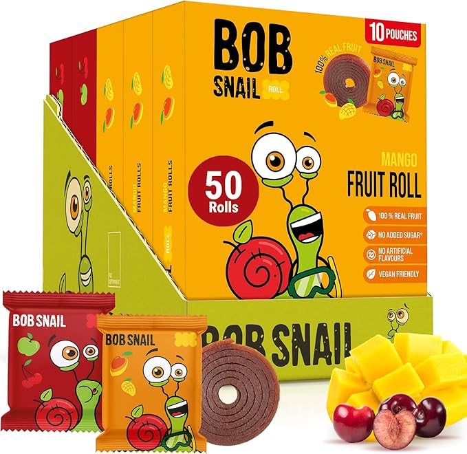 Bob Snail Fruit Roll Ups – 50 Natural Fruit Snacks (Mango & Sour Cherry), Vegan, No Added Sugar, Healthy On-the-Go Pack, 500g