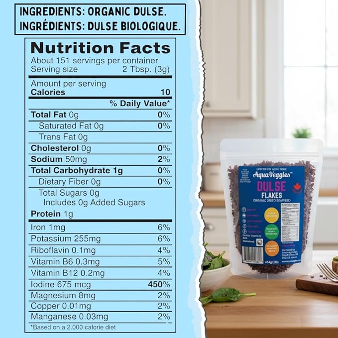 Aqua Veggies Organic Atlantic Dulse Flakes Sea Vegetable, Wild-Harvested, Sun-Dried Superfood Seaweed Snacks| Rich in Iodine, B12, Iron, Calcium, Fibre & Plant-Based Protein (1 Pound (Pack of 1))