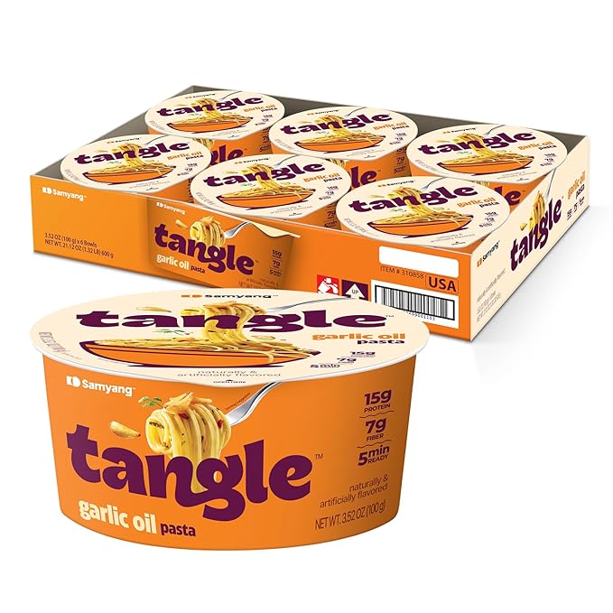 Samyang Tangle Garlic Oil Pasta Bowl | Spaghetti Pasta | Mukbang | 15g of Protein | 7g of Fiber | Chick Pea based | Easy Prep | Convenient | 6 Bowls