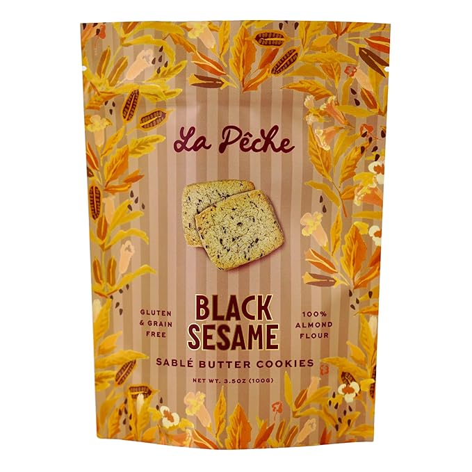 La Pêche Sable Butter Cookies Gluten Free, Grain Free, Non-GMO, Kosher - Small Batch - Resealable Pouch - 8 Cookies (3.5oz) (Black Sesame)