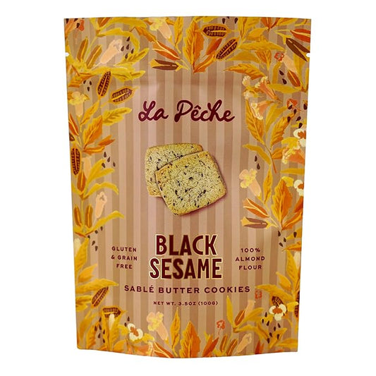 La Pêche Sable Butter Cookies Gluten Free, Grain Free, Non-GMO, Kosher - Small Batch - Resealable Pouch - 8 Cookies (3.5oz) (Black Sesame)