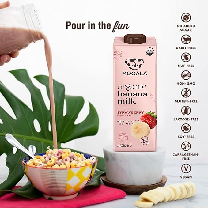 Mooala – Organic Strawberry Bananamilk, 32 fl oz (Pack of 6) – Shelf-Stable, Non-Dairy, Nut-Free, Gluten-Free, Plant-Based Beverage with No Added Sugar