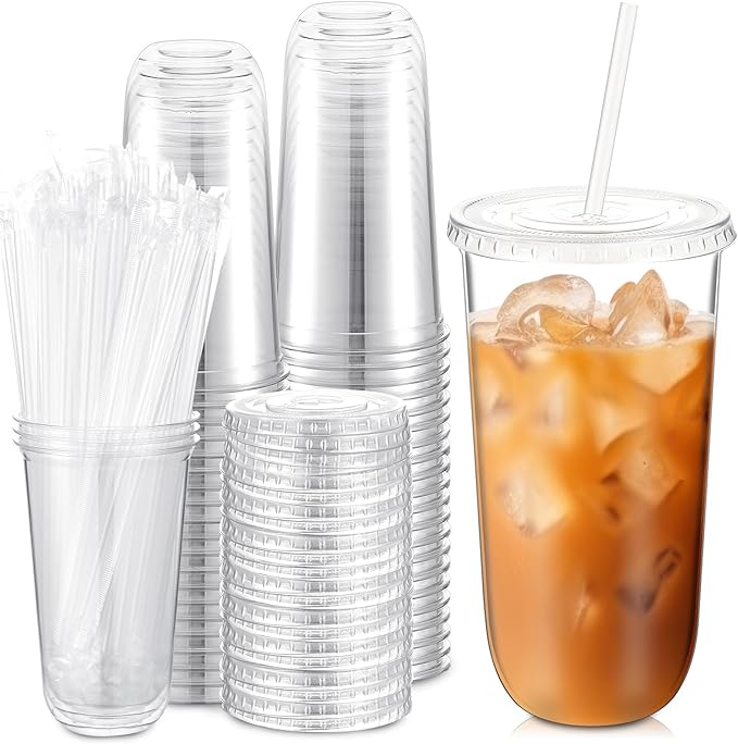 Ziliny 50 Sets Clear Plastic Cups with Lids and Straws, Disposable Iced Coffee Cups Drinking PET for Cold Drinks, Juice, Smoothie, Coffee Shops, Party, Christmas(Clear,20 oz)
