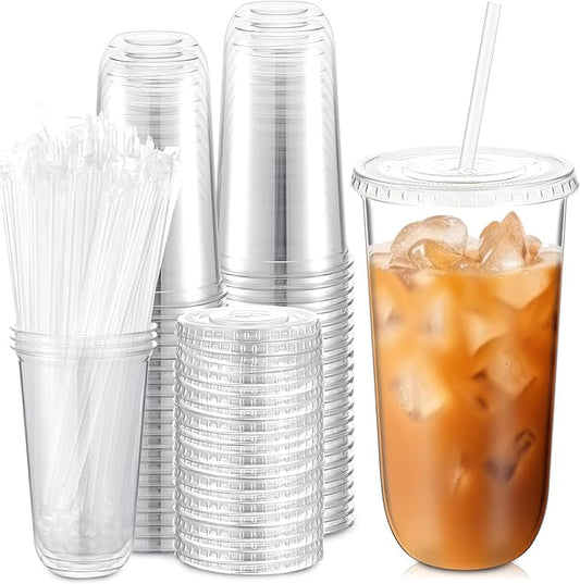 Ziliny 50 Sets Clear Plastic Cups with Lids and Straws, Disposable Iced Coffee Cups Drinking PET for Cold Drinks, Juice, Smoothie, Coffee Shops, Party, Christmas(Clear,20 oz)