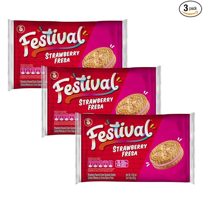 Festival Strawberry Cookies | Cream Strawberry Sandwich Cookies | Natural Dyes & Low Sodium | High Cream Content | 14.6 Oz (Pack of 3)