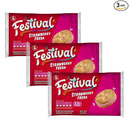 Festival Strawberry Cookies | Cream Strawberry Sandwich Cookies | Natural Dyes & Low Sodium | High Cream Content | 14.6 Oz (Pack of 3)