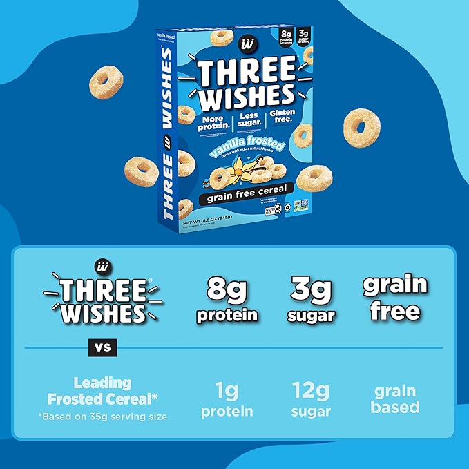 Three Wishes Grain-Free & Protein Cereal - Healthy, Low Sugar & Gluten-Free Breakfast Cereal - Low Carb, Plant-Based, Vegan & Non-GMO - Frosted, 6-Pack