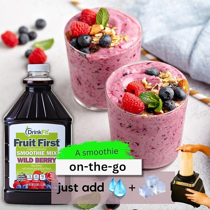 DrinkFit Fruit Smoothie | Real Fruit Puree, Low Sugar, Gluten:Free & Non:GMO, Wildberry Smoothie Mix : Makes 32 Smoothies, 64 Fl Oz (Wild Berry)