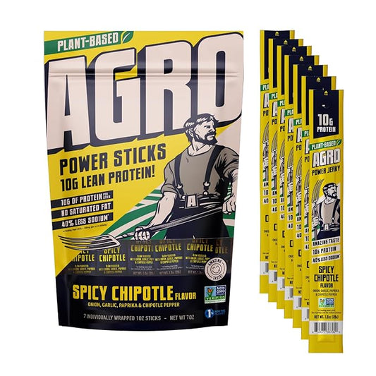 AGRO POWER Vegan Jerky Sticks, Spicy Chipotle Plant-Based, 7 Stick Bag with 10g Protein, Non-GMO, 40% Less Sodium, Zero Cholesterol, Meat Alternative, High Protein Snack for Lunch, On-the-Go Fuel