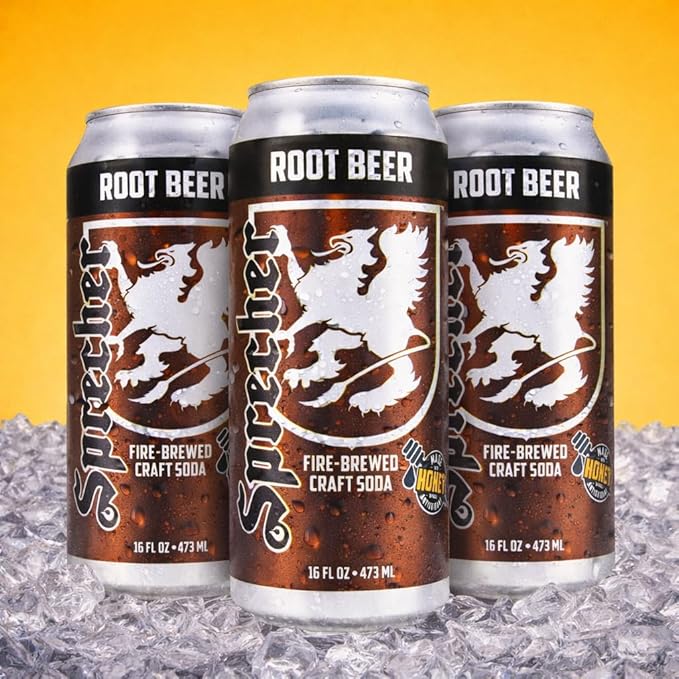 Sprecher Root Beer 16 fl oz Cans (12 Pack), Fire-Brewed Premium Craft Soda with Real Honey, Caffeine Free, Gluten Free, Premium Soft Drink