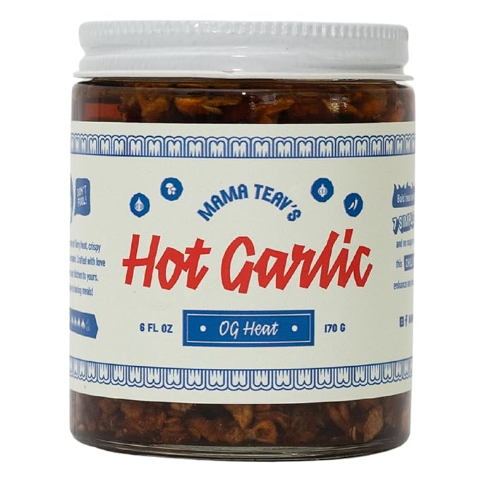 Mama Teav's Hot Garlic Chili Crisp - Spicy, Crunchy, Umami Chili Oil with Garlic & Cambodian Chilis - Vegan, Gluten-Free, All-Natural - Cold-Pressed Grapeseed Oil - 6oz Jar