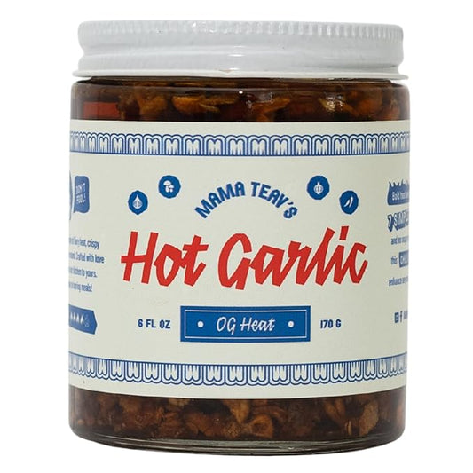 Mama Teav's Hot Garlic Chili Crisp - Spicy, Crunchy, Umami Chili Oil with Garlic & Cambodian Chilis - Vegan, Gluten-Free, All-Natural - Cold-Pressed Grapeseed Oil - 6oz Jar