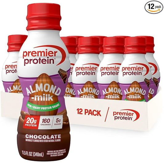 Premier Protein Almondmilk Plant Based Protein Shake, 20g Protein, 5g Sugar, 11.5 Fl oz, Chocolate, 12 Count