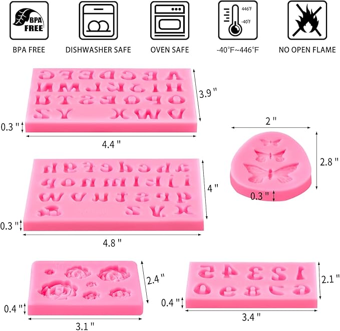 CLUEWR 5 PCS Silicone Letter Molds, Non-Stick Number Rose Flower Butterfly Fondant Molds for Chocolate, Candy, Cake Decoration, Cupcake Topper