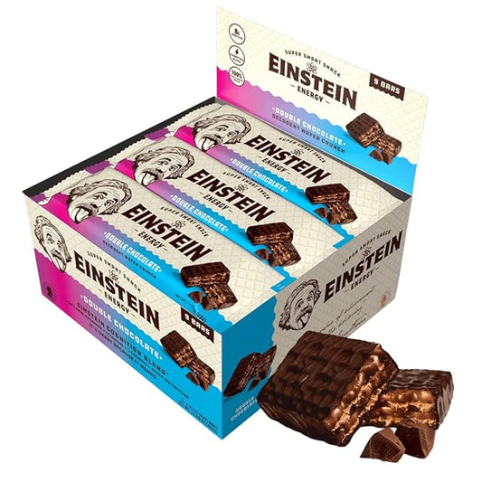 Einstein Energy Wafer Protein Bars - Double Chocolate Decadent Snack Bars with Protein, Real Milk Chocolate, Green Tea Caffeine, Lion's Mane, Citicoline & L-Theanine + 100% Whole Wheat Wafers - 9 ct