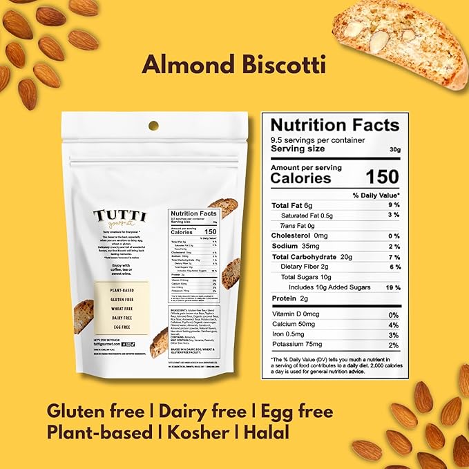Tutti Gourmet Gluten Free Almond Biscotti, 9.9 oz (283g) Resealable Cookie Bag - Plant Based Vegan and Halal Snacks, Crunchy Italian Cookies for Coffee and Tea