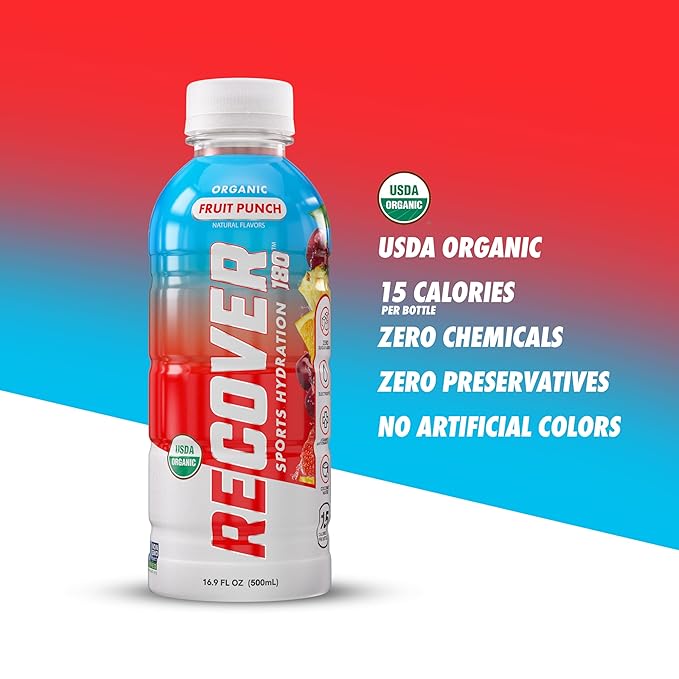 RECOVER 180 Organic Sports Hydration Drink, No Sugar Added, 20 Calorie Sports Beverage, Organic Flavors With Vitamins, Potassium-Packed Electrolytes (16.9 Fl Oz (Pack of 12), Variety Pack)
