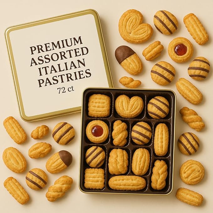Premium Assorted Italian Puff Pastries & Shortbread Cookies – 72 Count Gift Tin. Free From Artificial Colors, Preservatives, Hydrogenated Fats And Kosher Certified. Package May Vary