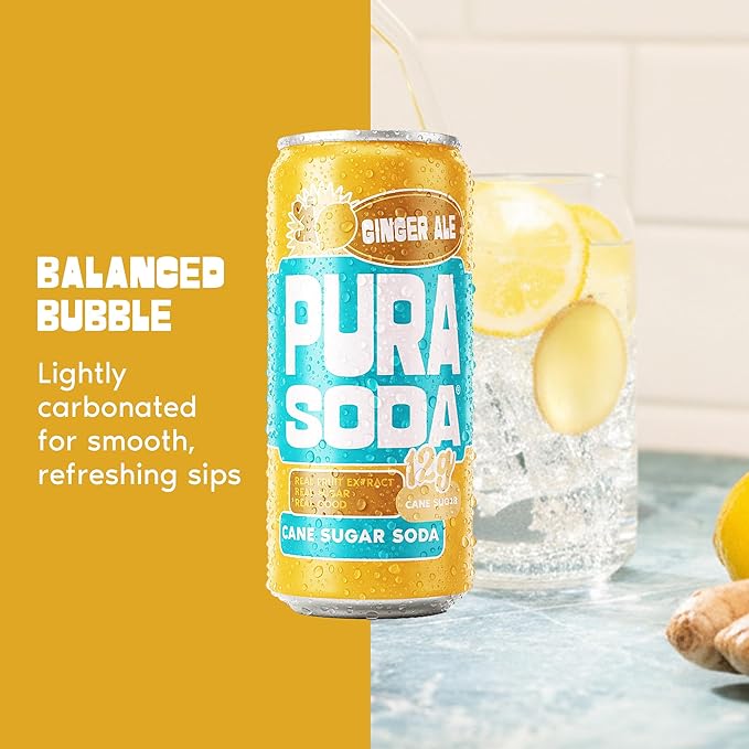 PuraSoda® Ginger Ale Low-Calorie Cane Sugar Soda - Made with Pure Cane Sugar, No Stevia or Artificial Blends - Non-GMO, Vegan, Clean & Refreshing Ginger Soft Drink - 10.1 fl oz Cans, Pack of 24