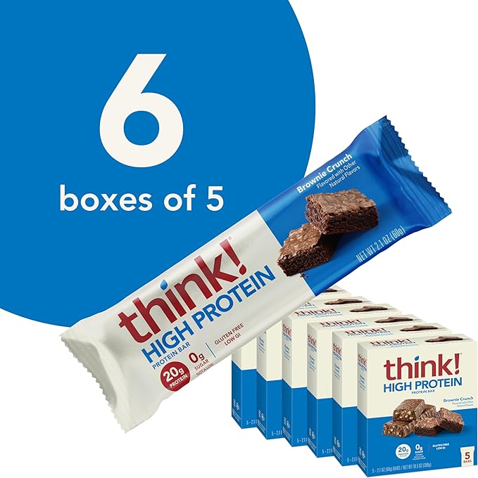 think! Protein Bars, High Protein Snacks, Gluten Free, Kosher Friendly, Brownie Crunch, Nutrition Bars, 2.1 Oz per Bar, 30 Count (Packaging May Vary)