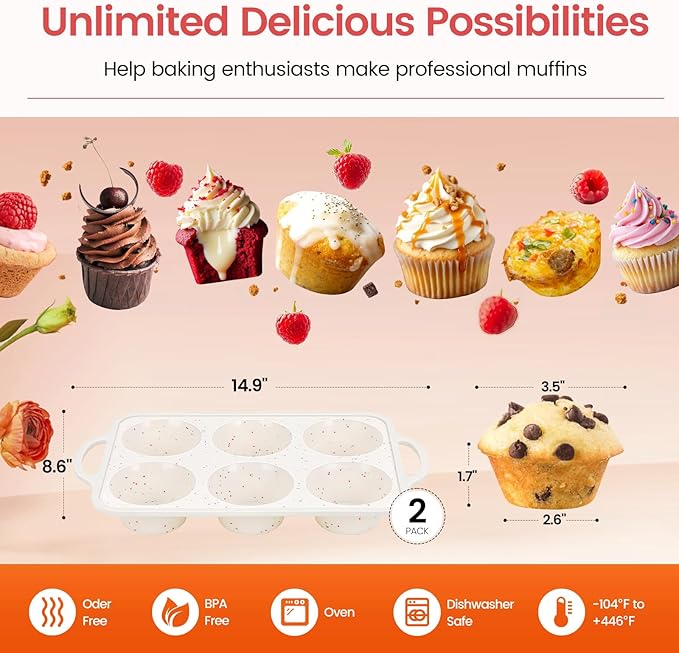 Fimary Silicone Jumbo Muffin Pan with Metal Frame, Non Stick Food Grade Silicone Large Muffin Pan Set of 2, with Handles 6 Cup,BPA-Free and Dishwasher Safe, Jumbo Cupcake Pans