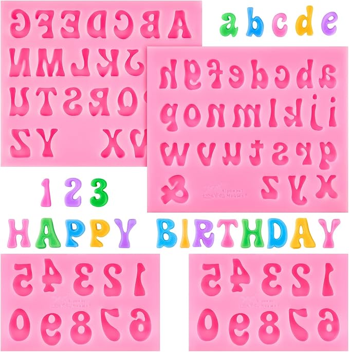 CLUEWR 4 PCS Silicone Letter Molds, Non-Stick Number and Letter Fondant Molds for Chocolate, Candy, Cake Decoration, Cupcake Topper