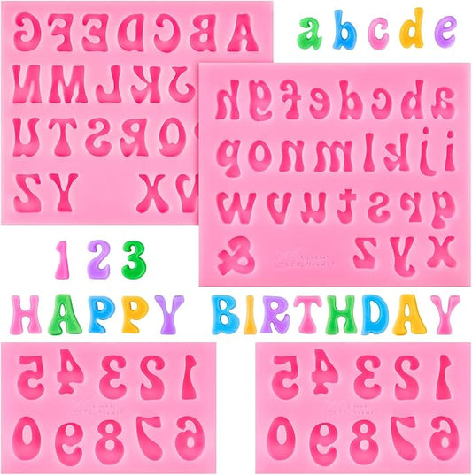 CLUEWR 4 PCS Silicone Letter Molds, Non-Stick Number and Letter Fondant Molds for Chocolate, Candy, Cake Decoration, Cupcake Topper