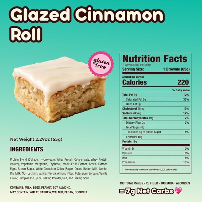 Prime Bites High Protein Brownie (12 Per Box, Glazed Cinnamon Roll) - 19g of Protein, 5g of Collagen, Gluten Free, Low Sugar Treat, Delicious Protein Snack