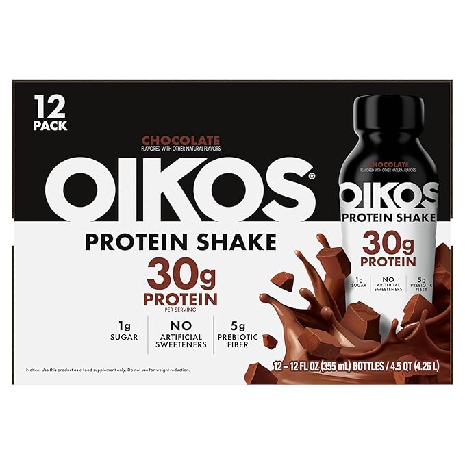 Oikos Protein Shake, Chocolate, 30g High Protein Drinks, Shelf Stable, Ready to Drink, 5g Prebiotic Fiber, 12 fl oz Bottle, 12 Count