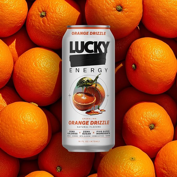 Lucky Energy Sugar Free Energy Drinks, Orange Drizzle, 16oz Cans (12-Pack) Healthy, Zero Sugar Energy Drink with Maca, Ginseng, Beta-Alanine, Taurine & 200mg Caffeine