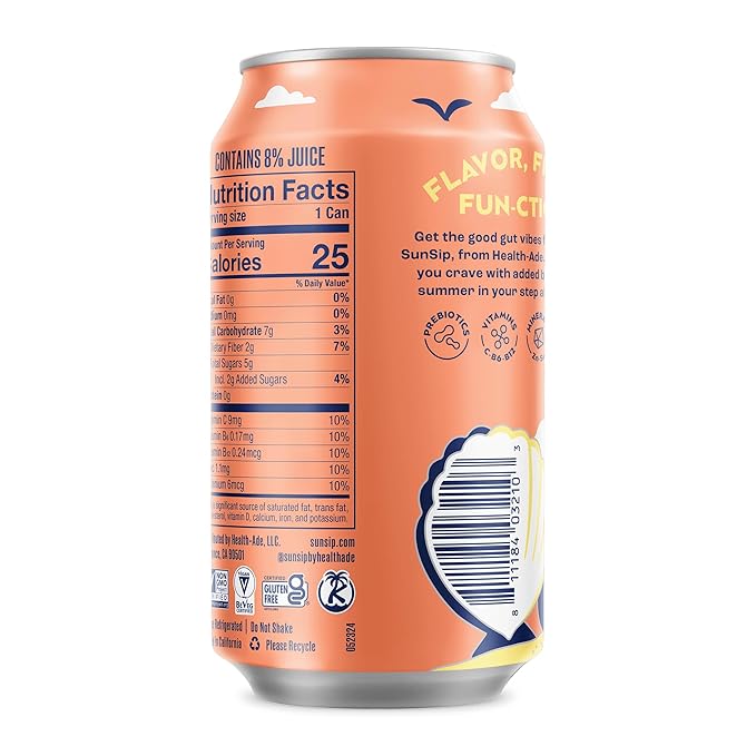 SunSip Prebiotic Soda by Health-Ade, Gut-Healthy Beverage, Soda Swap, Vitamins & Minerals, Naturally Sweetened with 5g of Sugar, Peach, 11.5 oz (12 Pack)