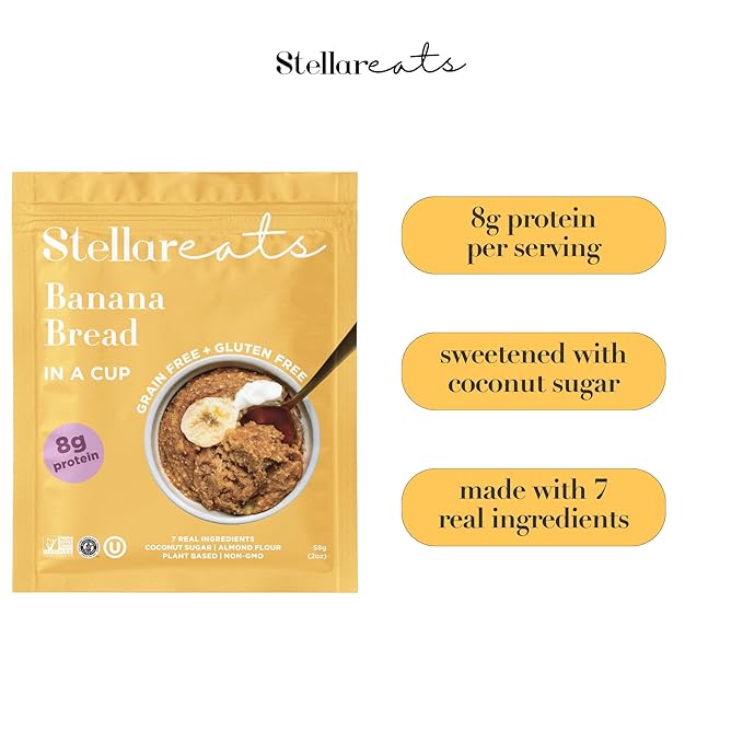 Stellar Eats Grain-Free Banana Bread Instant Treat in a Cup | Single-Serve | 8g Protein | Gluten-Free, Dairy-Free, Plant-Based, Paleo-Friendly | Made with 7 Real Ingredients | 8 Pack