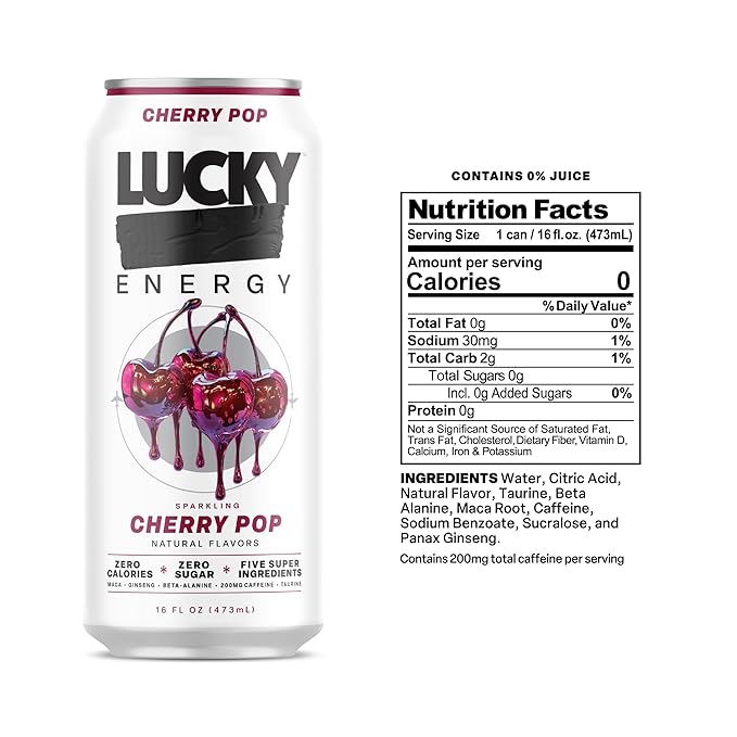 Lucky Energy Sugar Free Energy Drinks, Cherry Pop, 16oz Cans (12-Pack) Healthy, Zero Sugar Energy Drink with Maca, Ginseng, Beta-Alanine, Taurine & 200mg Caffeine