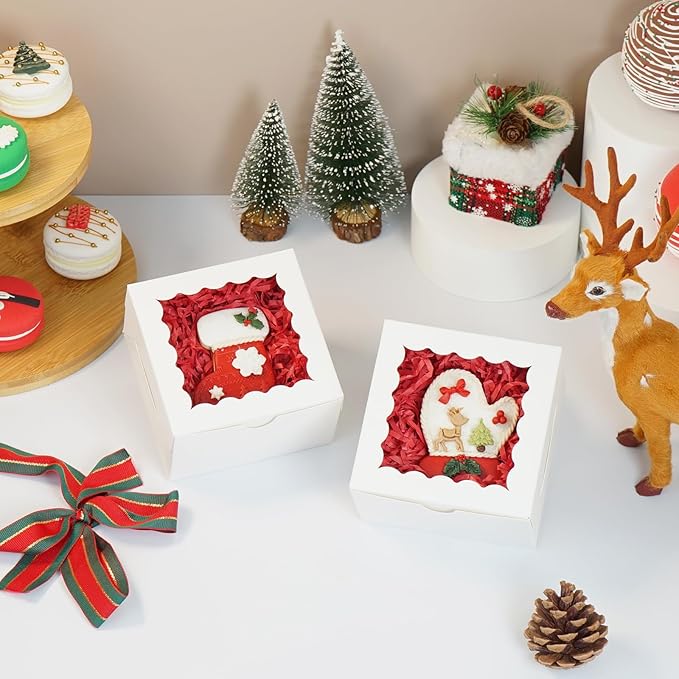 JOHOPACK 40 Pack Cookie Boxes 4x4x2 Inch Bakery Boxes with window Treat Box Chocolate Covered Strawberries Box for Christmas Valentine's Mother's Day