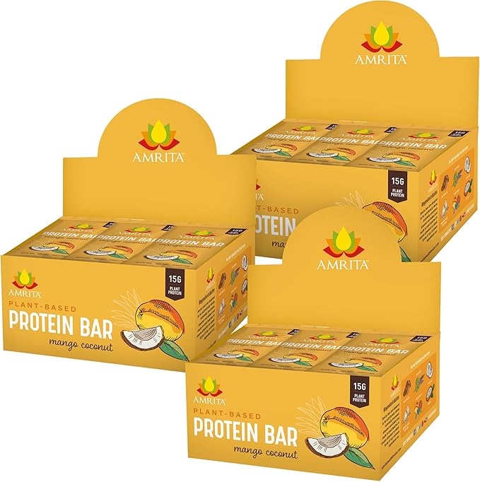 Amrita Nut Free Mango Coconut Vegan Protein Bars (12 Count PK of 3) | 11g Plant-Based Protein Bar | Peanut Free, Gluten Free, and Dairy Free | Low Sugar, High Fiber, Healthy School-Safe Snacks