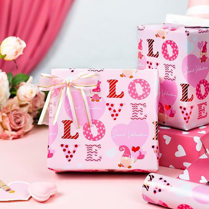 Homeral Pink Valentine's Day Wrapping Paper - Mini Roll - 17 Inch x 33 Feet - Goblin and LOVE Letters with Metallic Foil Shine & Heart Pattern Reversible Gift Wrap for Valentines Day Celebration