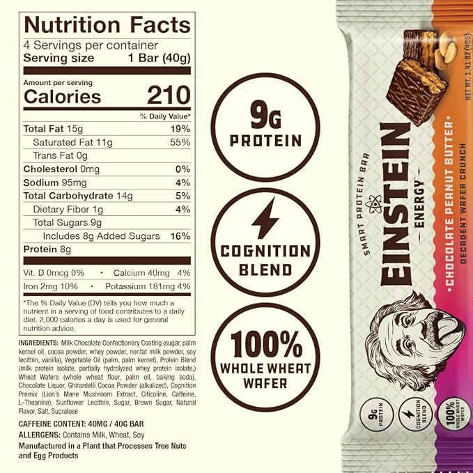 Einstein Energy Wafer Protein Bars - Chocolate Peanut Butter Decadent Snacks with Protein, Real Milk Chocolate, Green Tea Caffeine, Lion's Mane, Citicoline & L-Theanine + 100% Whole Wheat wafers -9 ct