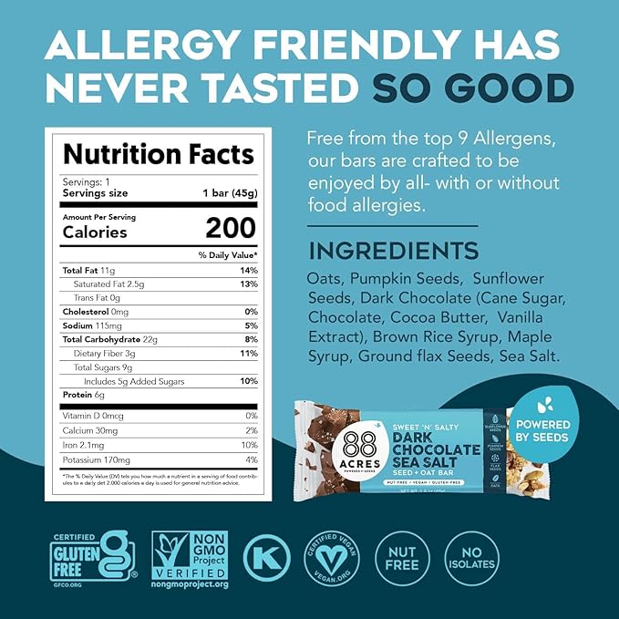 88 Acres Granola Bars | Gluten Free, Nut-Free Oat and Seed Snack Bar | Vegan & Non GMO | 6 Pack (Dark Chocolate Sea Salt))