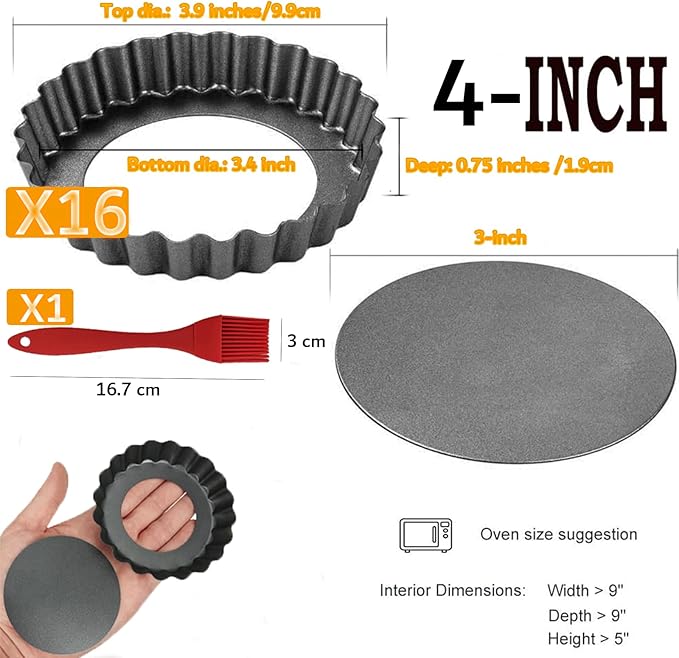 DATANYA 16 Pack Mini Tart Pans 4 Inch with Removable Bottom Round Nonstick Quiche Pan, Heavy Duty Fluted Side Tart Molds for Pies, Mousse Cakes, Dessert Baking