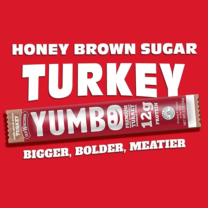 Old Wisconsin Yumbo Summer Sausage Snack Sticks, Ready to Eat, High Protein, Low Carb, Keto, Gluten Free, 20 Individually Wrapped 2oz Sticks, Honey Brown Sugar Turkey Flavor
