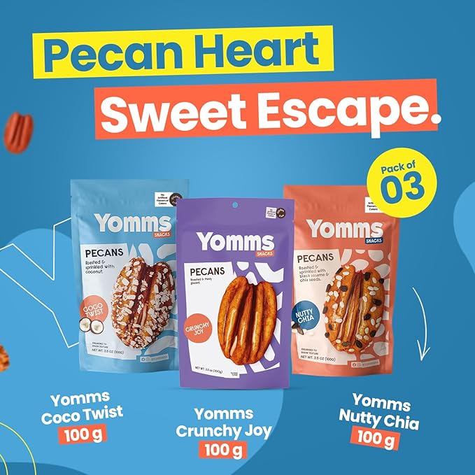 Yomms Gourmet Glazed Whole Pecan Halves Variety Pack, 10.5 oz (3 Pack), Gluten-Free & Non-GMO Healthy Dessert Snacks – Low Sugar Candied Nut Pouches – Coco Twist, Nutty Chia, Crunchy Joy – 3.5oz Individual Bags