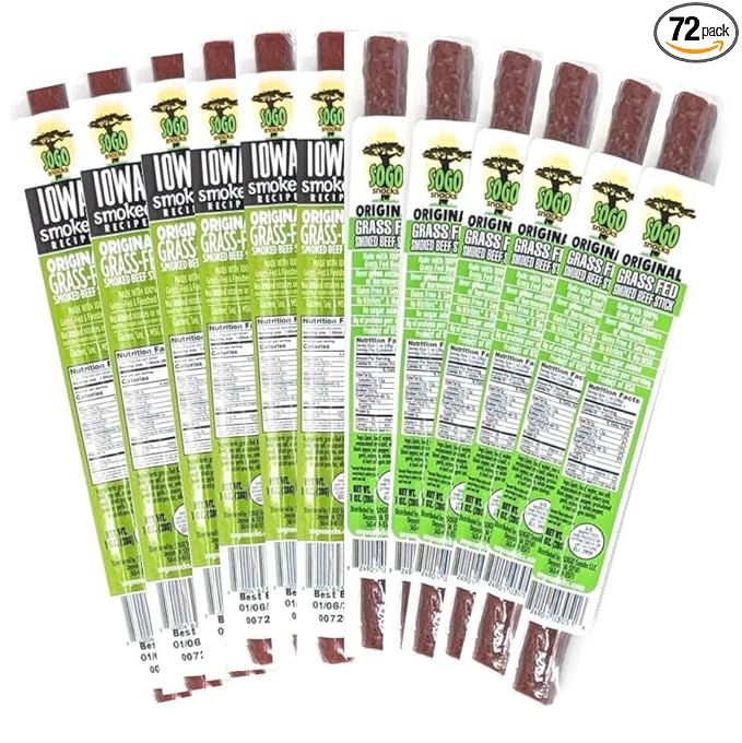 Original Variety, Sogo Snacks, No Sugar, 100% Grass-fed, Non-GMO Beef Sticks. No Nitrates, Gluten, Soy, MSG, Dairy or Nuts. Keto, Whole30, Paleo Friendly (1-oz sticks, 72-cnt, 36 of each)