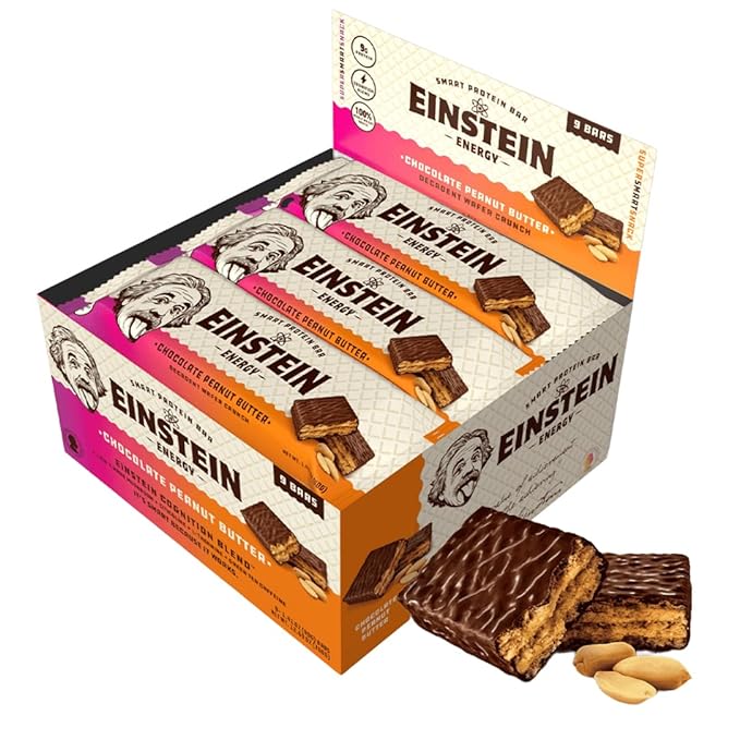 Einstein Energy Wafer Protein Bars - Chocolate Peanut Butter Decadent Snacks with Protein, Real Milk Chocolate, Green Tea Caffeine, Lion's Mane, Citicoline & L-Theanine + 100% Whole Wheat wafers -9 ct
