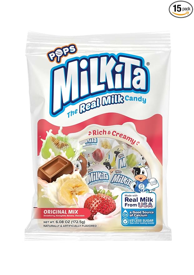 Milkita The Real Milk Candy Lollipop Bag – Low-Sugar, Healthy Sweets with Real Milk for Kids & Adults – Fat Free & Gluten Free Candy with Calcium (Strawberry, Chocolate, Honeydew, Banana - 15 Pcs)