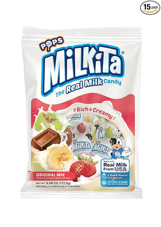 Milkita The Real Milk Candy Lollipop Bag – Low-Sugar, Healthy Sweets with Real Milk for Kids & Adults – Fat Free & Gluten Free Candy with Calcium (Strawberry, Chocolate, Honeydew, Banana - 15 Pcs)
