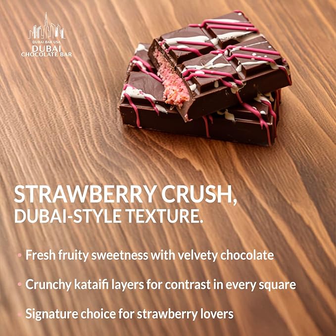 Dubai Chocolate Bar Strawberry Crush – 2.47oz Premium Chocolate with Strawberry & Crispy Kataifi Filling – Dubai Knafeh Dessert Inspired – Made in USA (6 Pack)