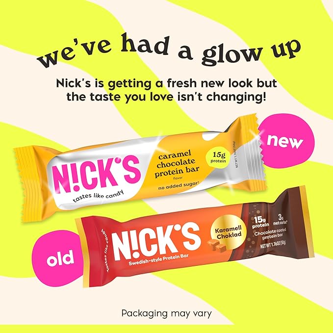 Nick's Protein Bars Variety Pack, Protein-Packed Snack, Low Calories, Low Carb Keto Friendly Snacks No Added Sugar, Salty Peanut, Chocolate Caramel and Almond Chocolate (12 Pack)