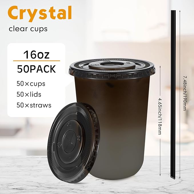 Ziliny 50 Sets Clear Plastic Cups with Lids and Straws, Disposable Iced Coffee Cups Drinking PET for Cold Drinks, Juice, Smoothie, Coffee Shops, Party, Christmas(Black,16 oz)