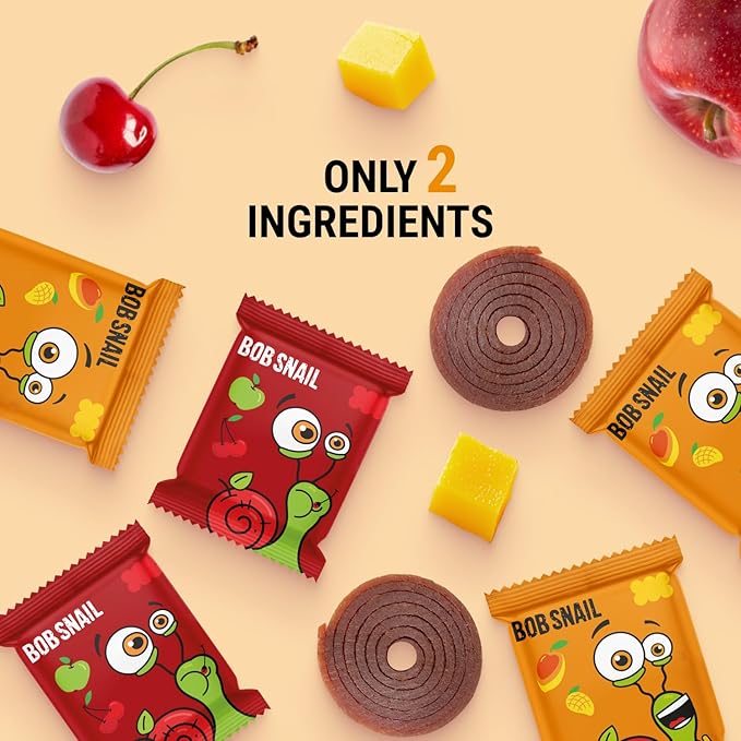 Bob Snail Fruit Roll Ups – 50 Natural Fruit Snacks (Mango & Sour Cherry), Vegan, No Added Sugar, Healthy On-the-Go Pack, 500g